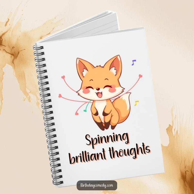 Funny fox notebook, a happy fox with streamers on its tail, mid-twirl, perfect for notes, drawings, and sparking creative joy.