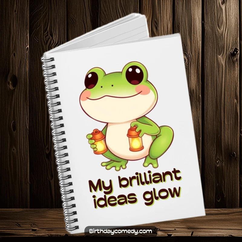Funny notebook cover with a smiling frog holding a miniature glowing lantern, encouraging creative thoughts and note-taking.