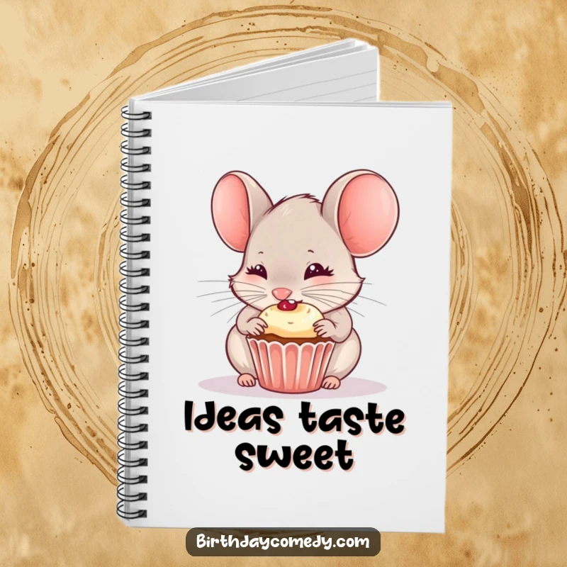 Funny notebook cover featuring a curious mouse gleefully nibbling a tiny, frosted cupcake.