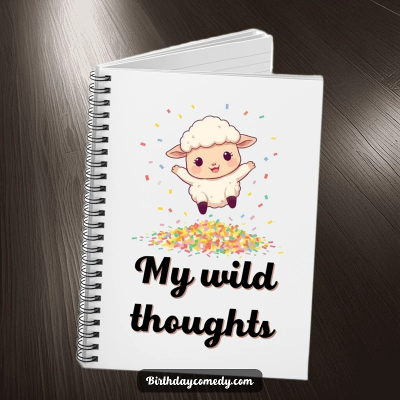 Funny notebook cover featuring a joyful sheep leaping over a vibrant pile of confetti.