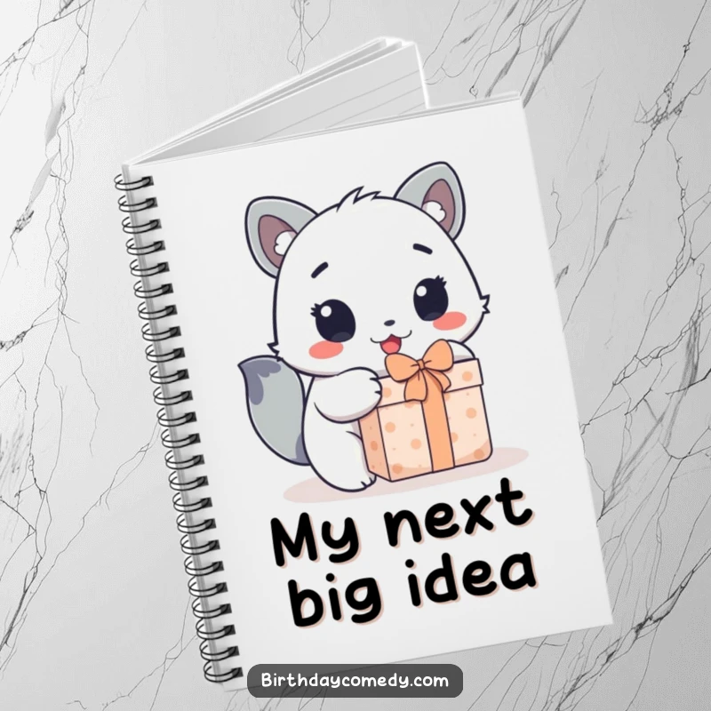 Funny notebook with a cute animal character's wide, excited eyes as it enthusiastically unwraps a gift.