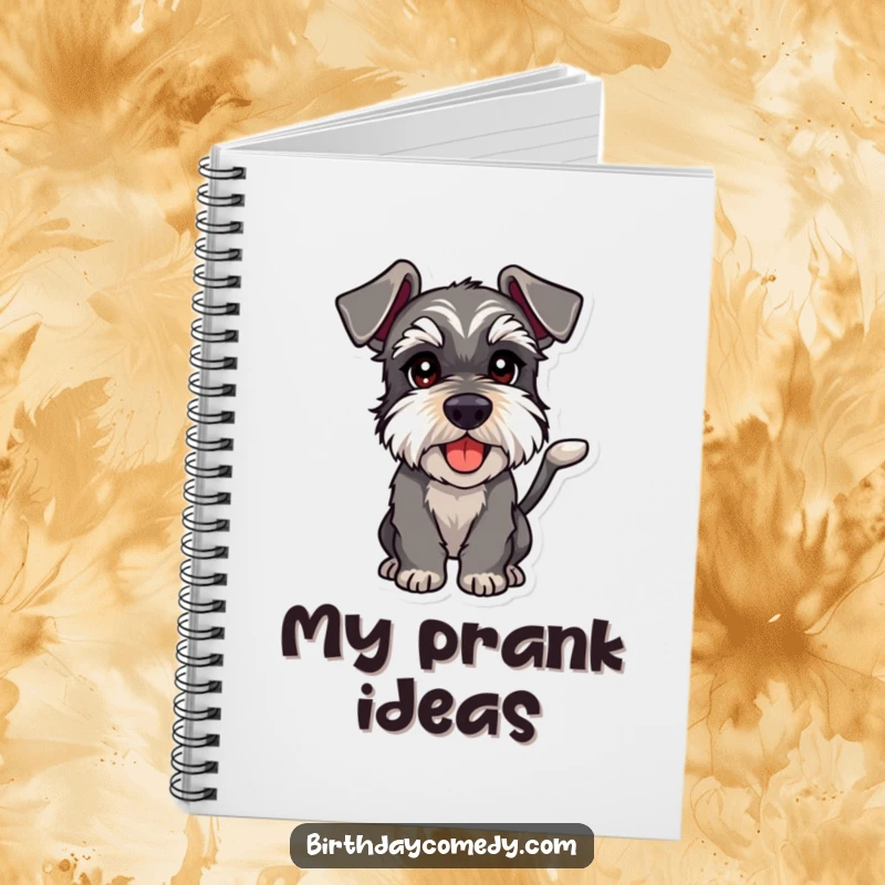 Funny schnauzer notebook depicting a dog with a wagging tail and playful intent, ideal for jotting notes with humor.