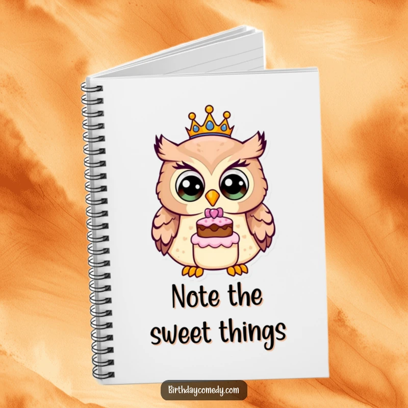 Funny owl notebook, a cheerful owl wearing a crown and holding a tiny cake, perfect for notes, drawings, and sparking creative joy.