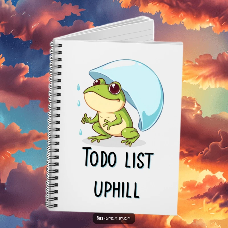 Funny frog notebook cover featuring a determined frog comically pushing a giant raindrop uphill, great for notes.