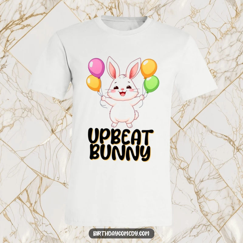 Funny t-shirt showcasing a fluffy bunny with a wide smile, skillfully juggling colorful balloons, embodying pure delight.