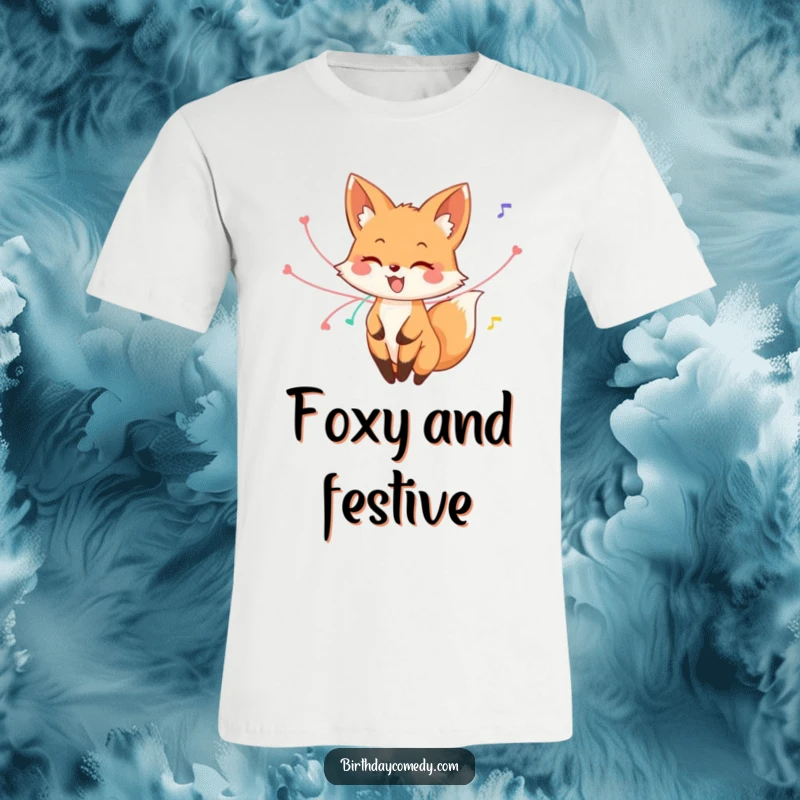 Funny fox t-shirt, a happy fox with streamers around its tail, joyfully twirling in a celebratory pose, pure festive fun.