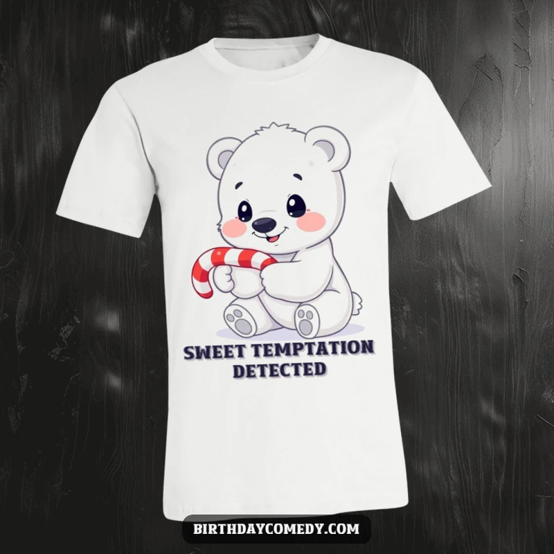 Funny polar bear cub t-shirt, happily holding a candy cane, embodying sweet Christmas wonder and playful curiosity.