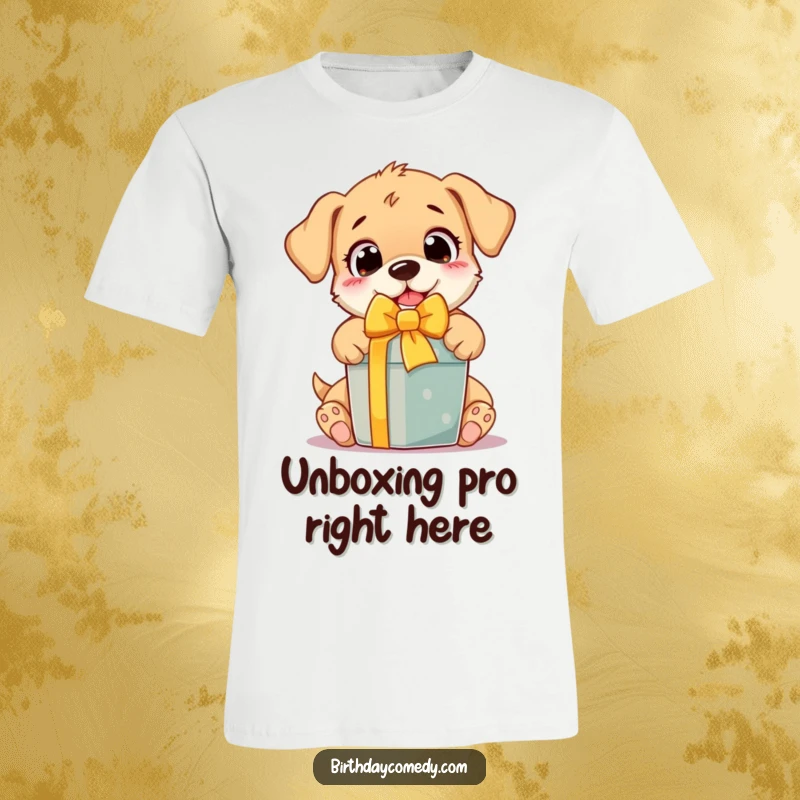 Funny T-Shirt showing a happy puppy with big eyes, eagerly tearing open a colorful gift, radiating pure excitement and delight.