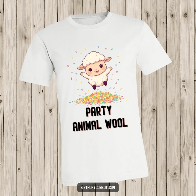 Funny t-shirt depicting a joyful sheep bouncing high over a heap of colorful confetti.