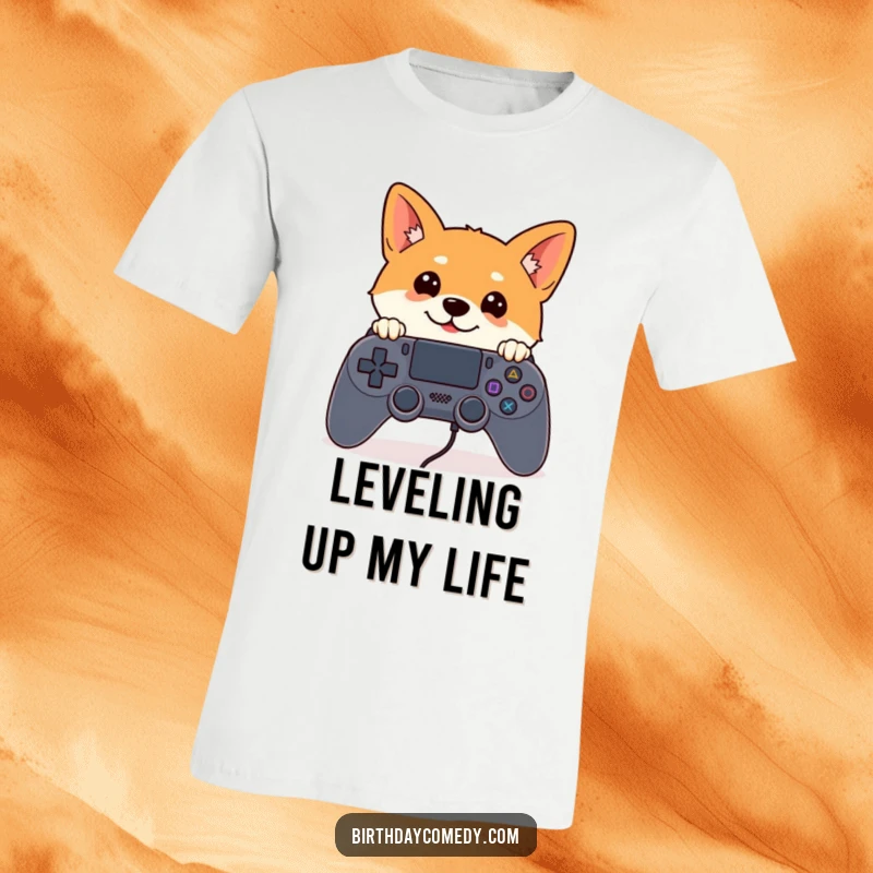 Funny Shiba Inu t-shirt featuring a curious Shiba Inu with alert ears peeking over a massive game controller, embodying gamer spirit.