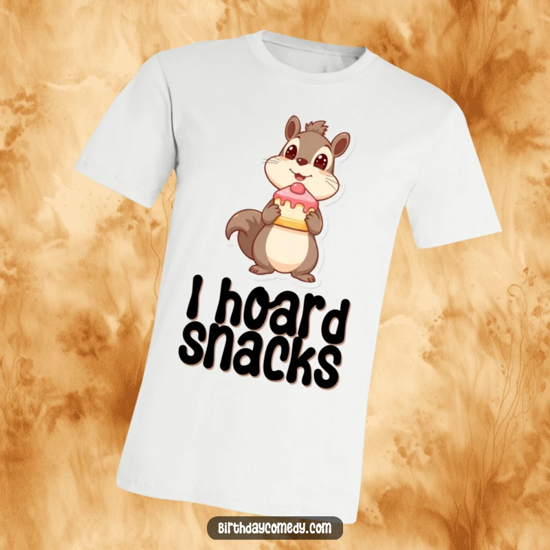 Funny squirrel t-shirt, holding cake, looking up expectantly, sweet and playful, great funny gift.