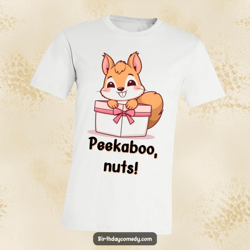 Funny T-Shirt showing a curious squirrel with a mischievous grin, peeking out from inside a gift box, ready for fun.