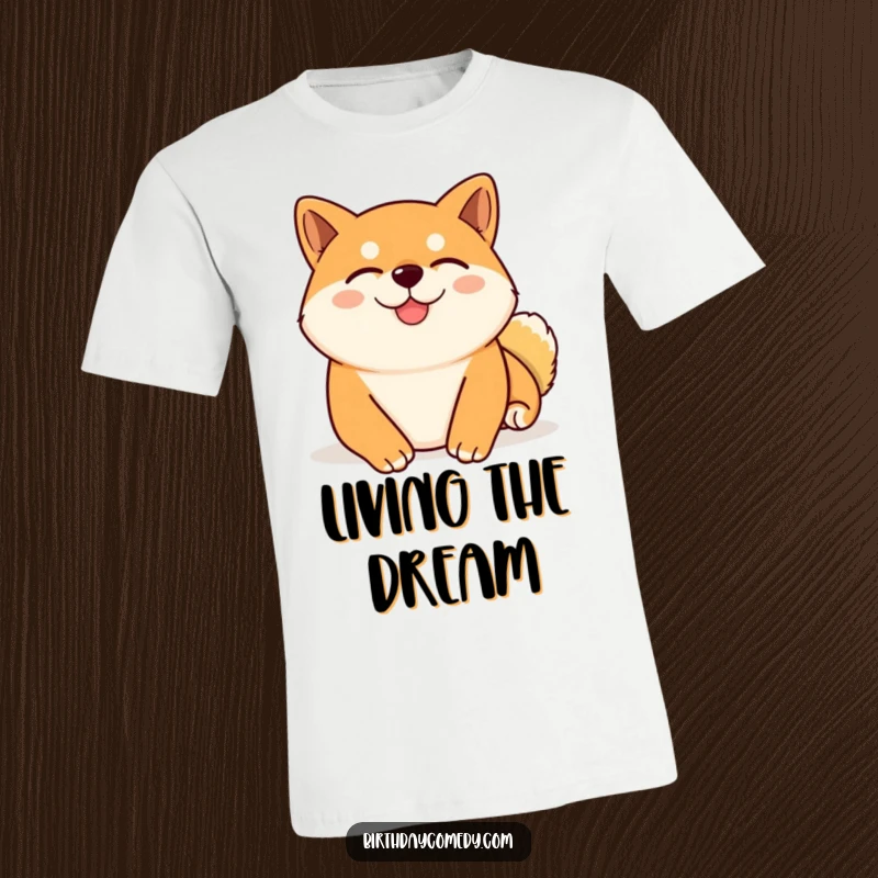Funny Shiba Inu t-shirt depicting a content Shiba Inu with closed eyes, enjoying a virtual belly rub with ultimate satisfaction.