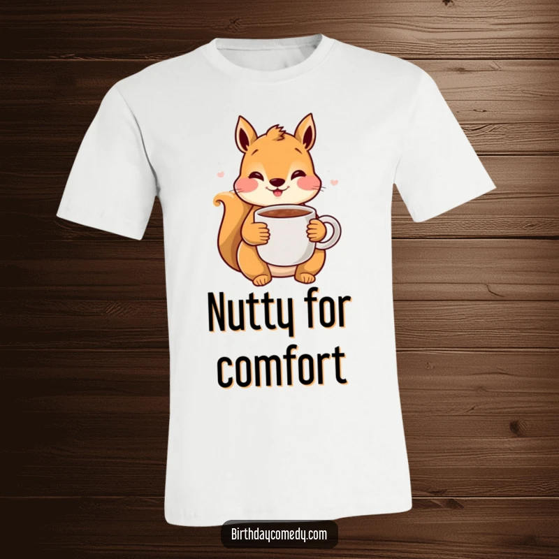 Funny Squirrel Cocoa T-Shirt: A cheerful squirrel with rosy cheeks holds a steaming mug of cocoa, embodying pure winter comfort.