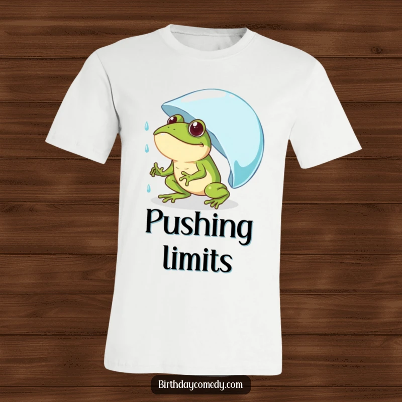 Funny frog t-shirt featuring a determined frog comically pushing a giant raindrop uphill, embodying humorous effort.