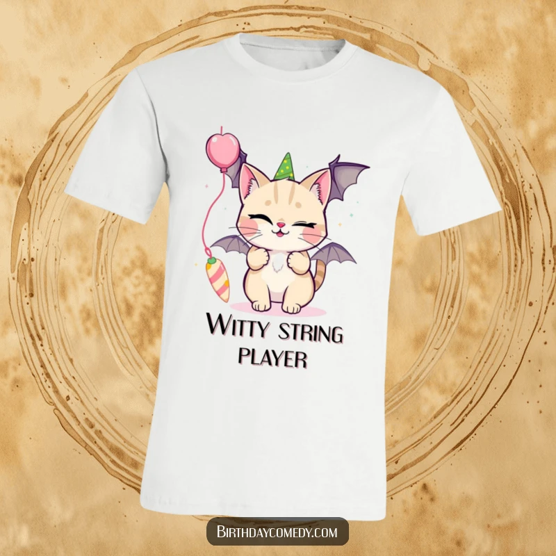 Funny t-shirt with a winking cat playfully swatting at a long, dangling party streamer.