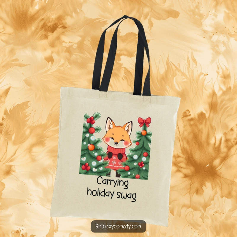 Funny fox tote bag, in a festive jumper, peeking from behind a decorated pine tree, perfect for holiday errands.