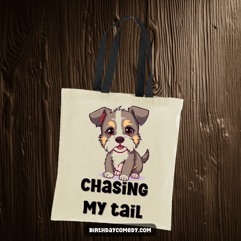 Funny terrier tote bag featuring a silly dog hilariously attempting to catch its own shadow, a playful and humorous design.