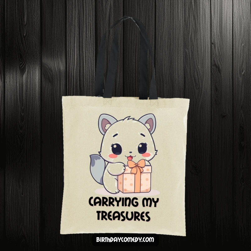 Funny tote bag featuring a cute animal character with wide, excited eyes, enthusiastically unwrapping a present.