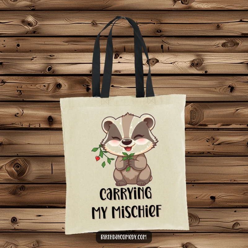 Funny badger tote bag, holding mistletoe, winking mischievously, ready for festive errands and holiday cheer.