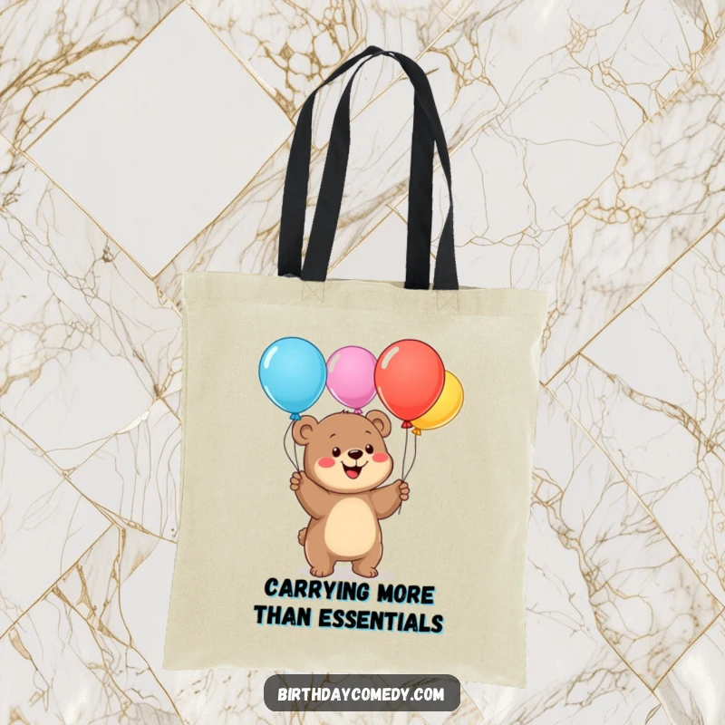 Funny bear cub tote bag, a cheerful cub juggling balloons, a practical and humorous accessory for everyday use and gifting.