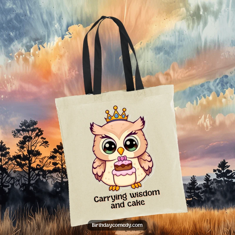 Funny owl tote bag, a cheerful owl with a birthday crown and small cake, a practical and humorous accessory for daily use.