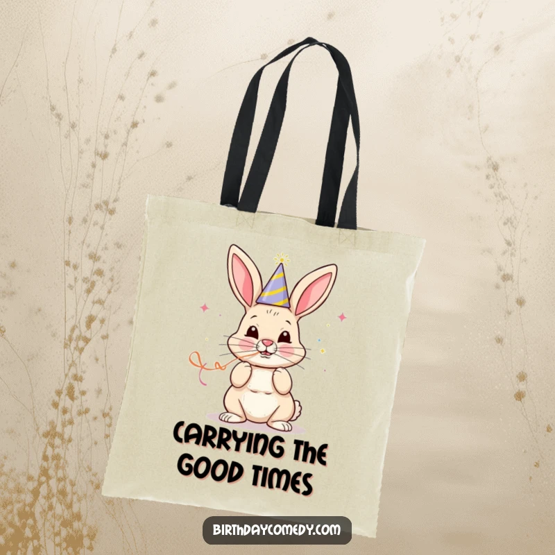 Funny tote bag showing a cheerful bunny in a party hat blowing a streamer with determined focus, ready for fun.