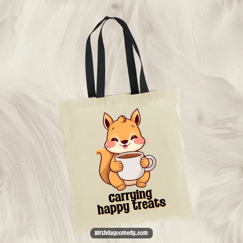 Funny Squirrel Cocoa Tote Bag: A cute squirrel with rosy cheeks holds a mug of hot cocoa, a perfect bag for winter essentials.