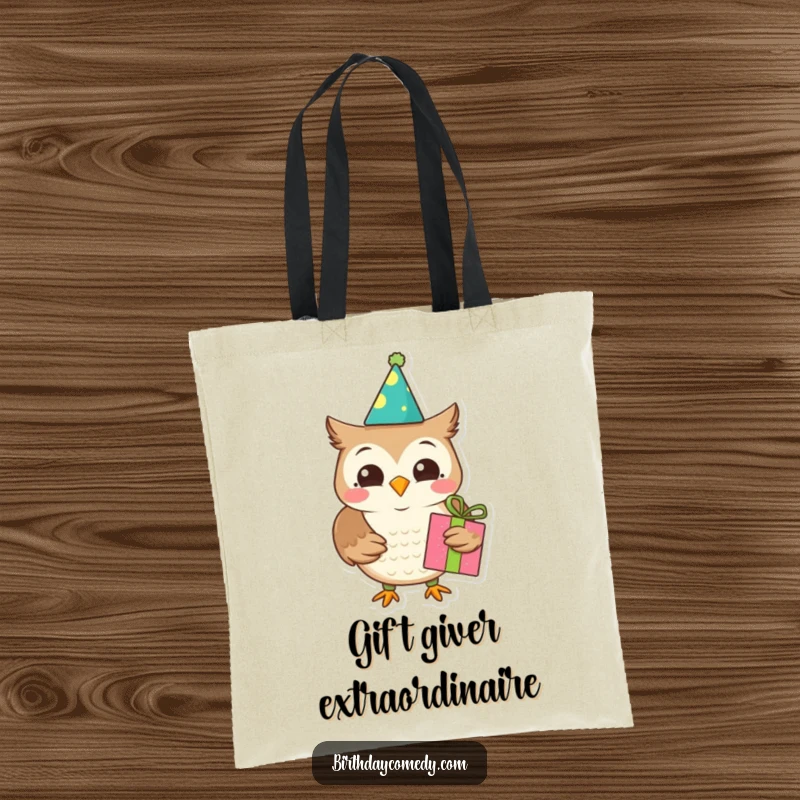 Funny owl tote bag with birthday cap and present, practical and stylish, great funny gift.