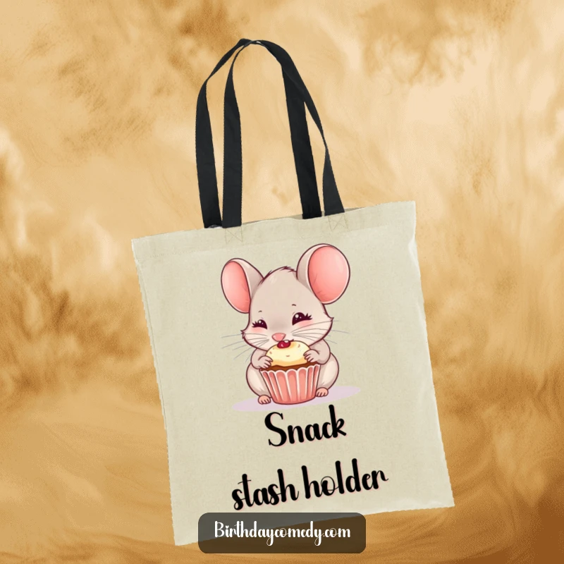 Funny tote bag depicting a curious mouse joyfully nibbling the frosting off a tiny cupcake.